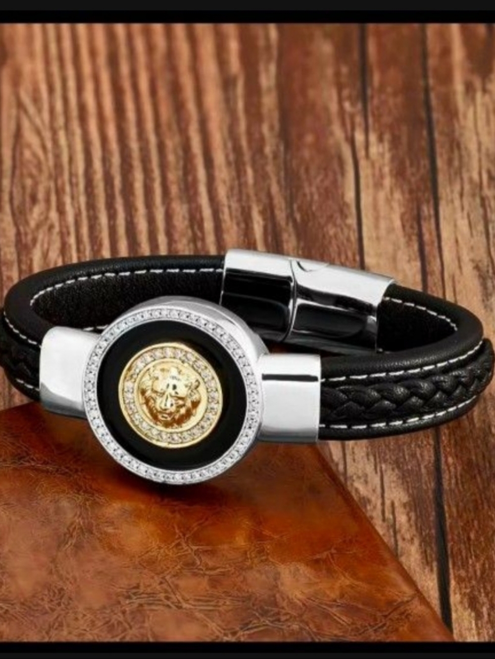 Men's Black Leather Bracelet with Gold Lion Emblem